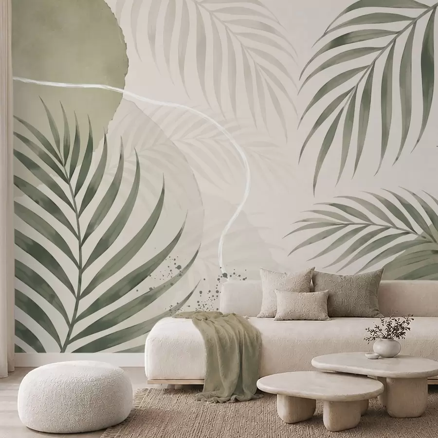murais de parede Folhas estilizadas sobre um fundo suave e neutro w05728