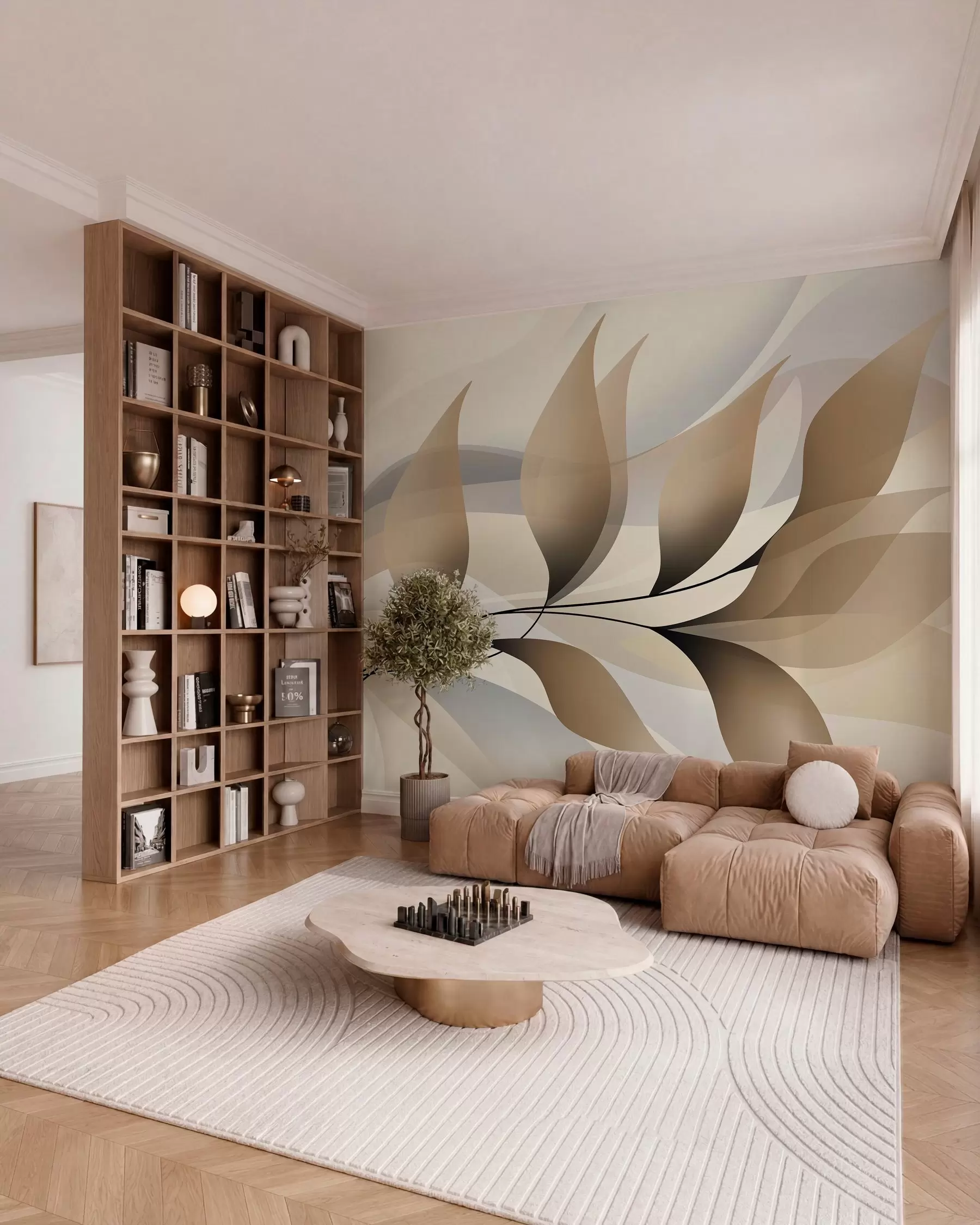 murais de parede um ramo elegante com folhas bege  w05660