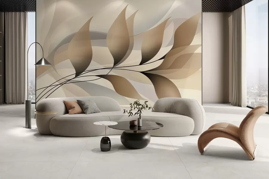murais de parede um ramo elegante com folhas bege  w05660