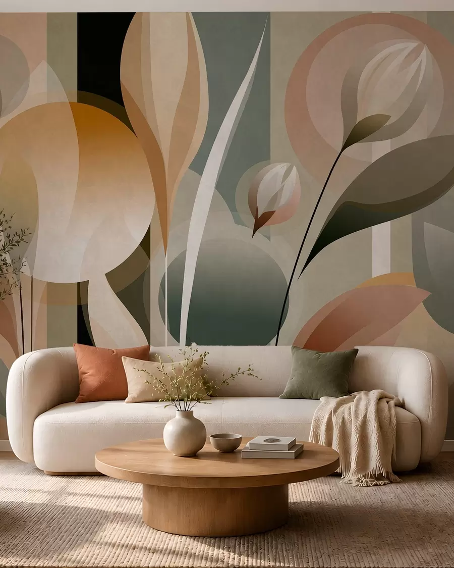 murais de parede uma abstração estilizada com plantas em cores naturais w05750