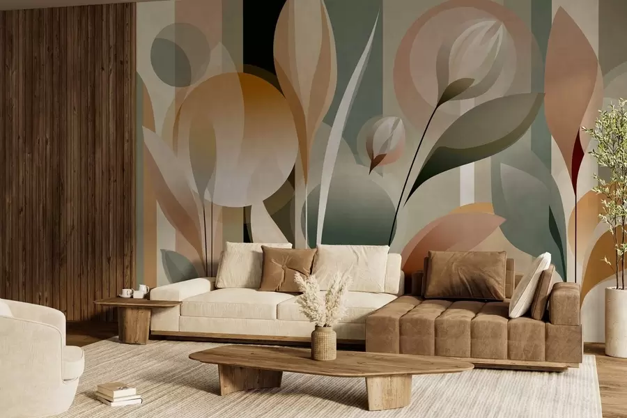 murais de parede uma abstração estilizada com plantas em cores naturais w05750
