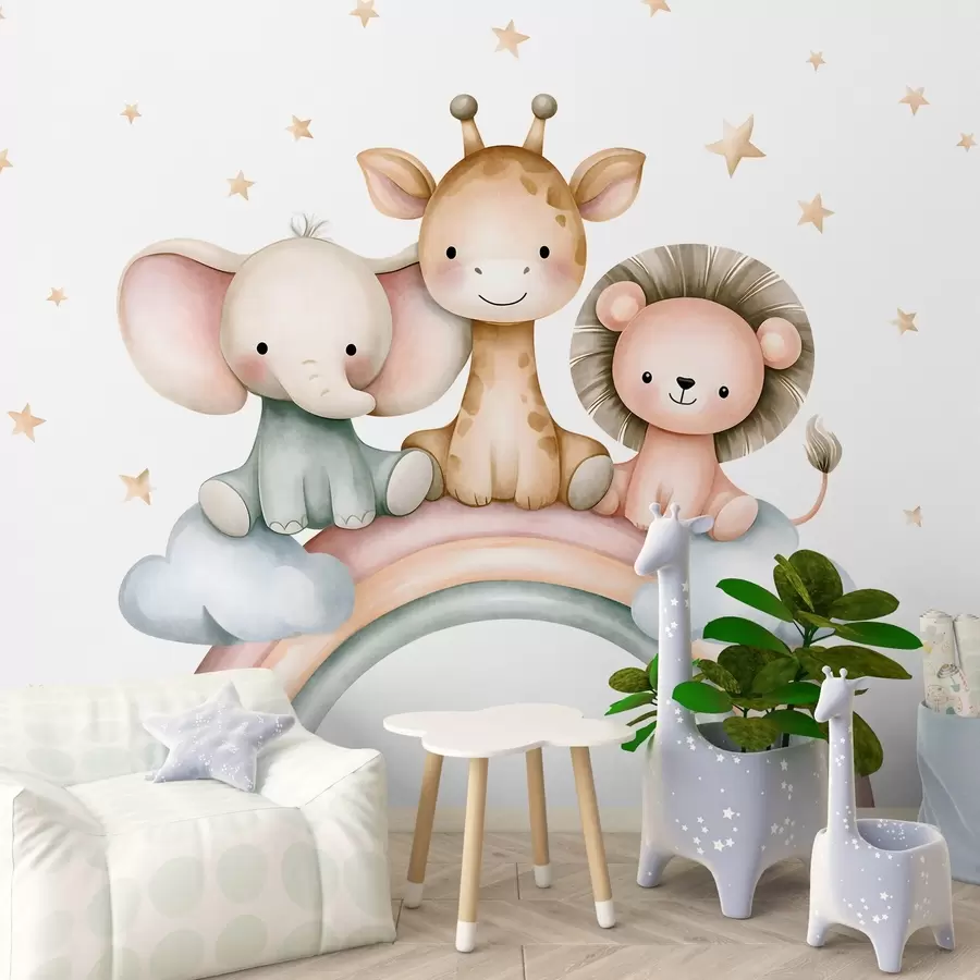 murais de parede um arco-íris com animais entre as estrelas, num estilo de aguarela w05752