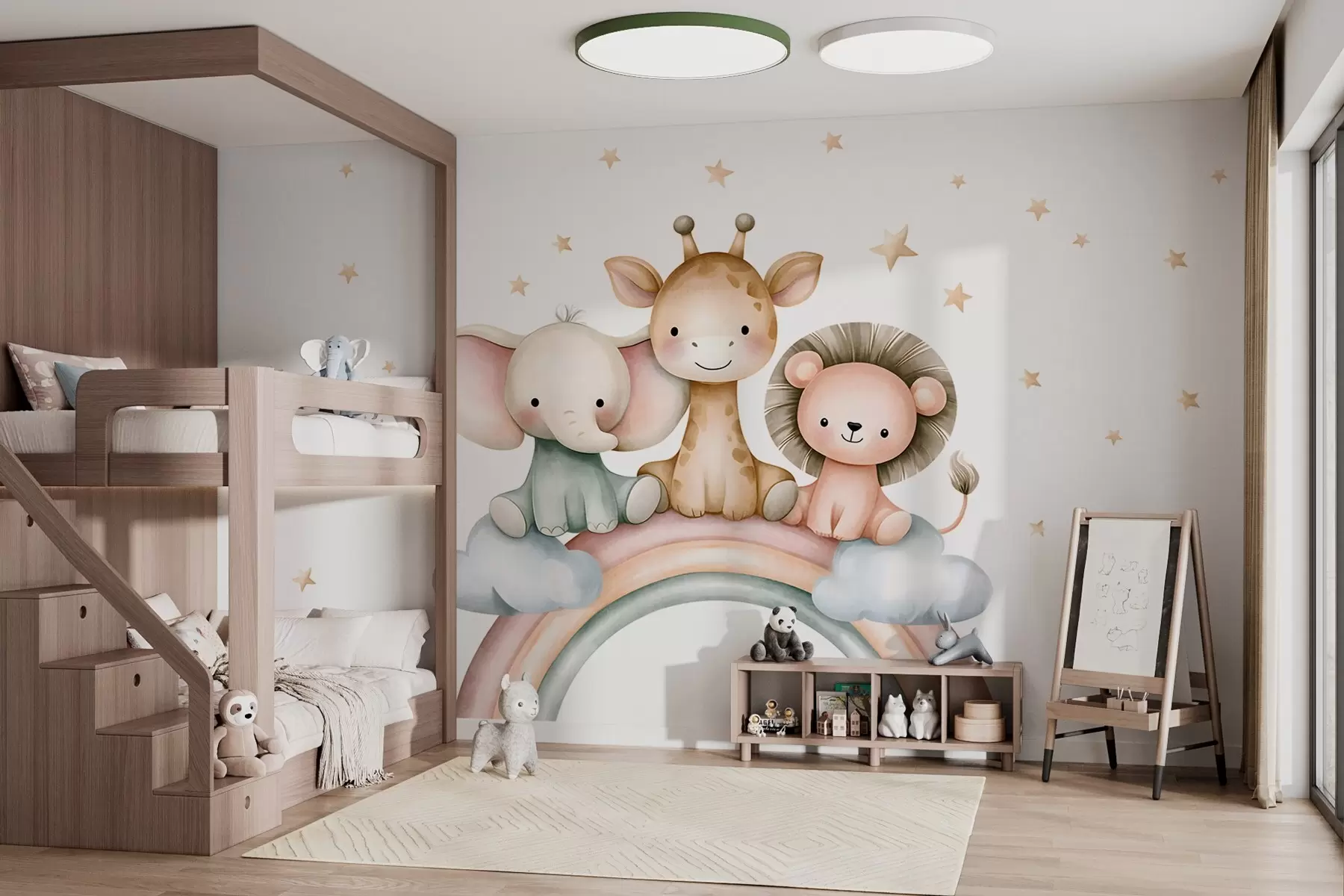 murais de parede um arco-íris com animais entre as estrelas, num estilo de aguarela w05752