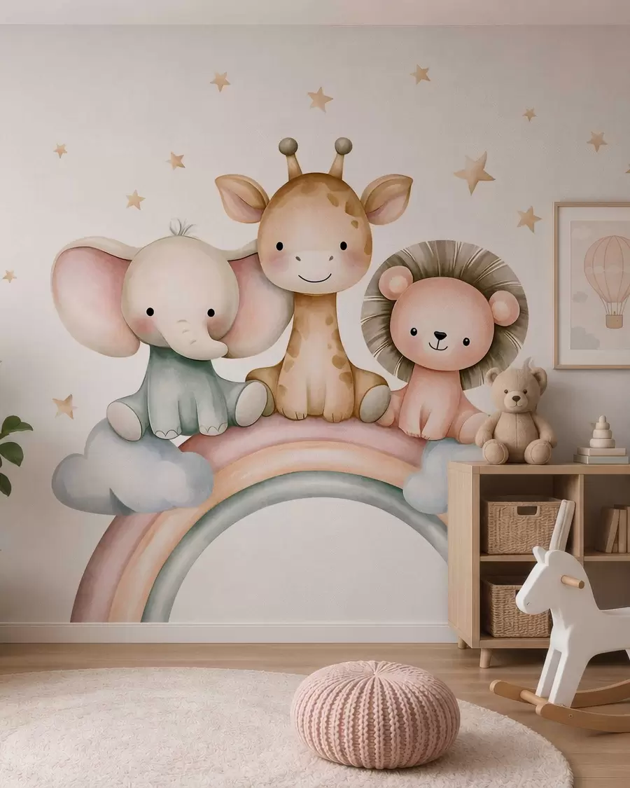 murais de parede um arco-íris com animais entre as estrelas, num estilo de aguarela w05752