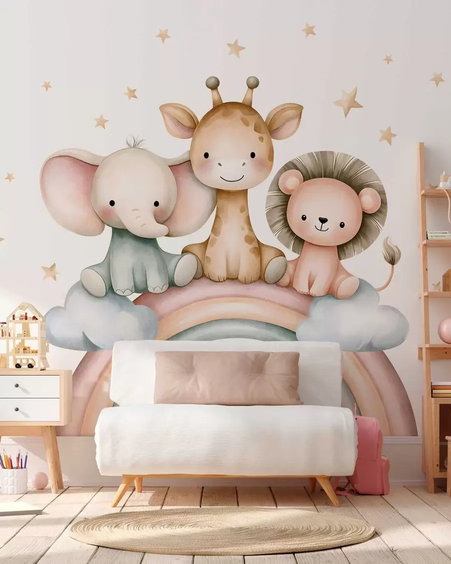 murais de parede um arco-íris com animais entre as estrelas, num estilo de aguarela w05752