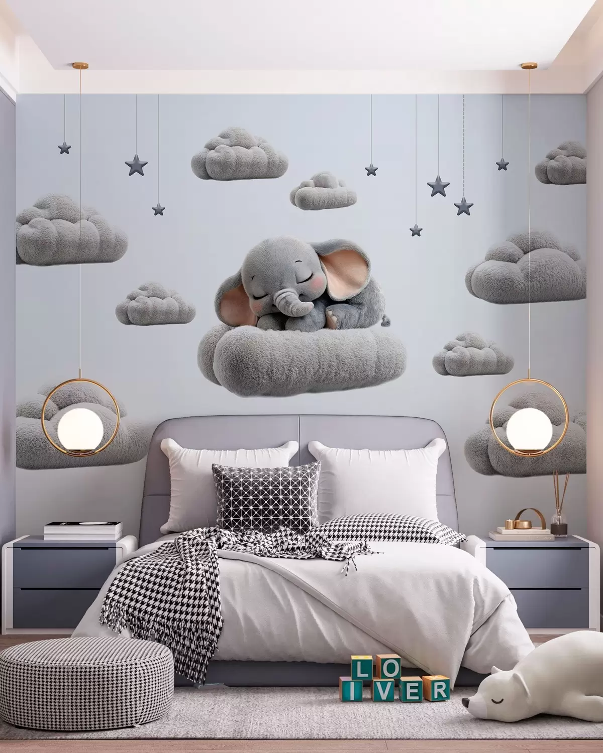 murais de parede um elefantinho giro em estilo 3D, a dormir entre nuvens fofas w05754