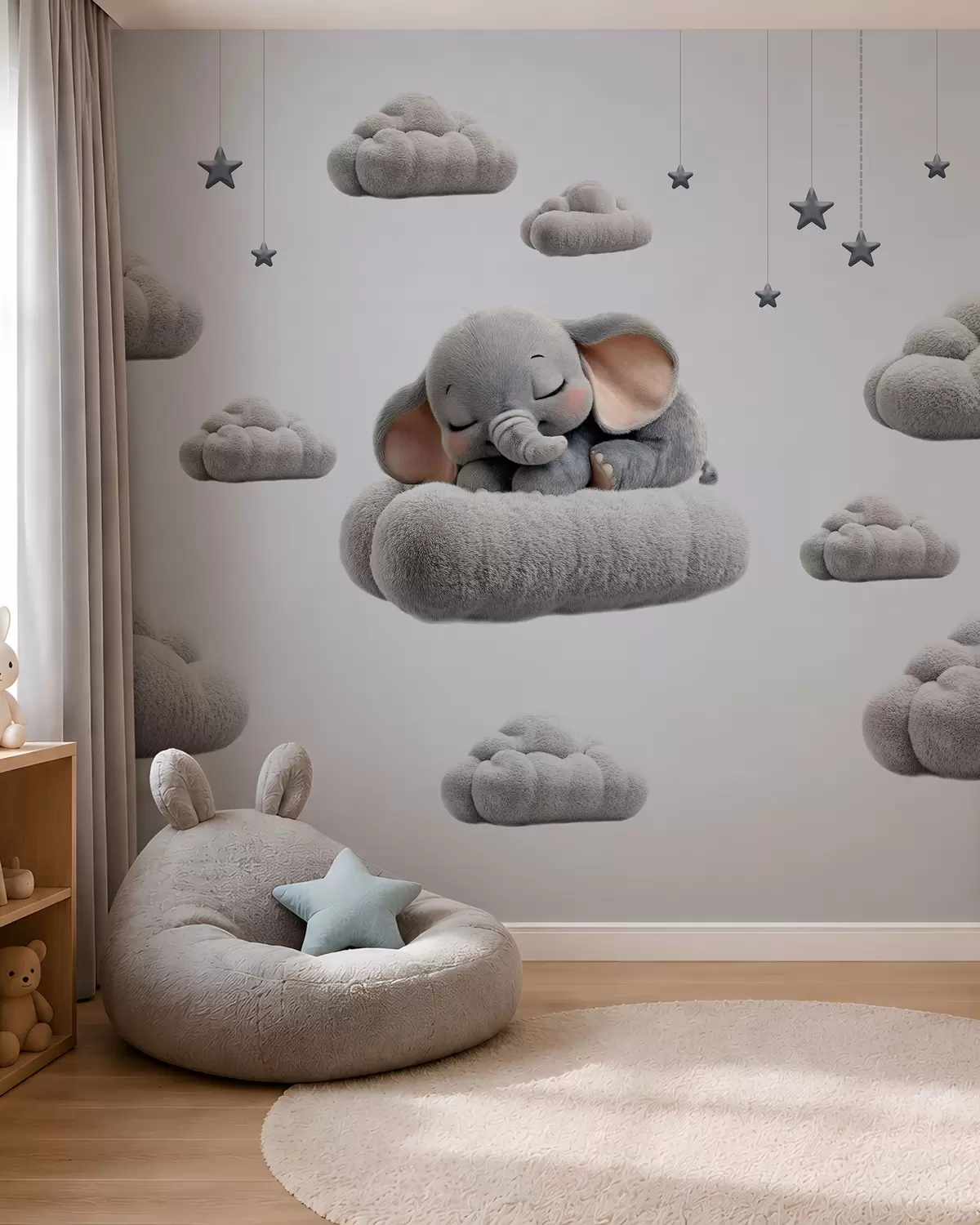 murais de parede um elefantinho giro em estilo 3D, a dormir entre nuvens fofas w05754