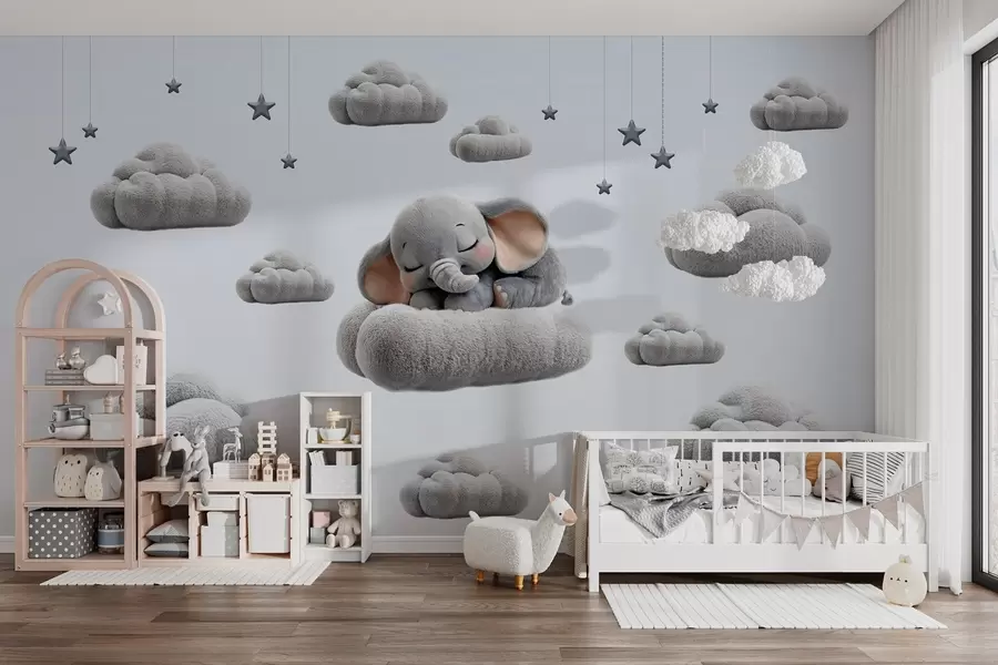 murais de parede um elefantinho giro em estilo 3D, a dormir entre nuvens fofas w05754