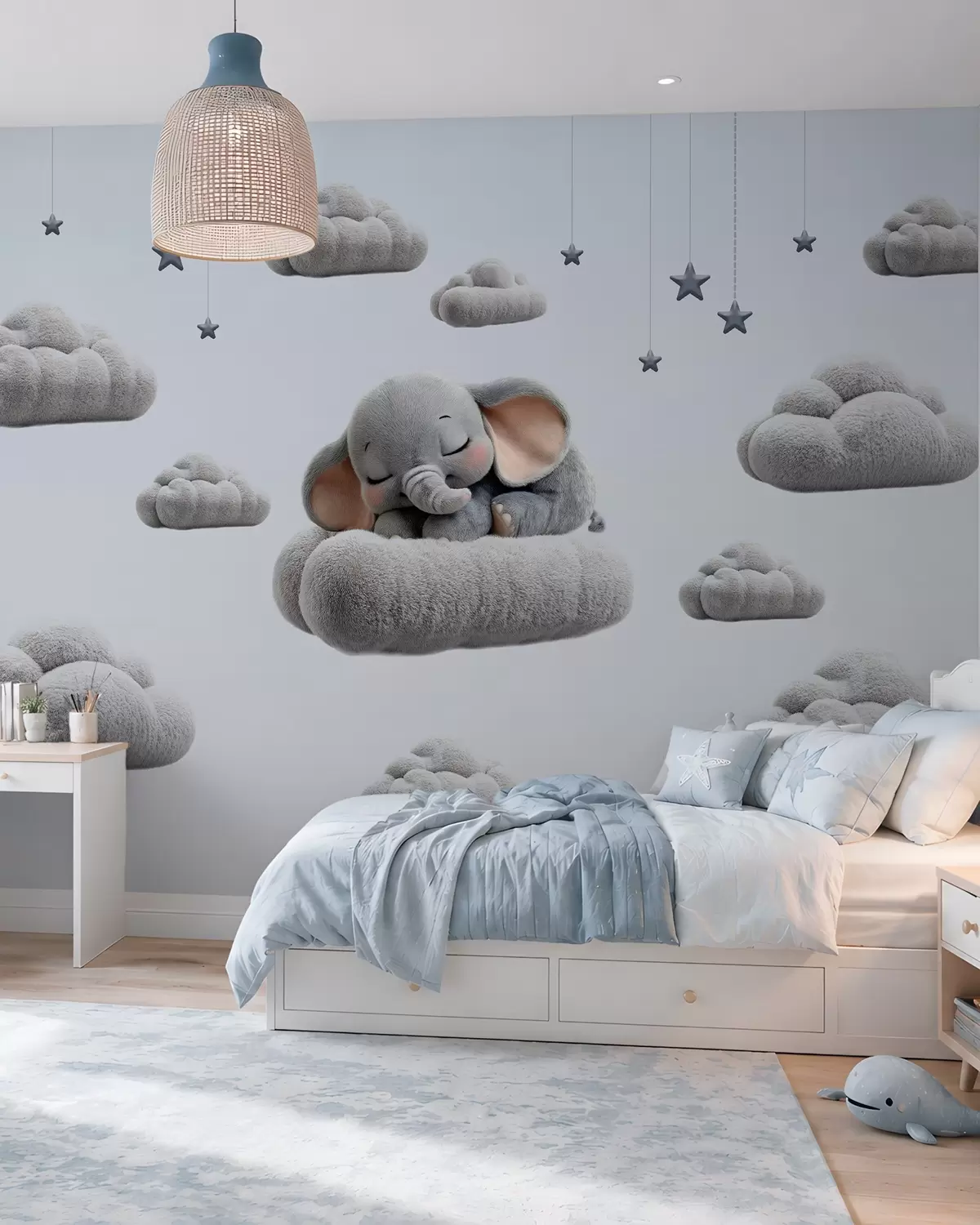 murais de parede um elefantinho giro em estilo 3D, a dormir entre nuvens fofas w05754