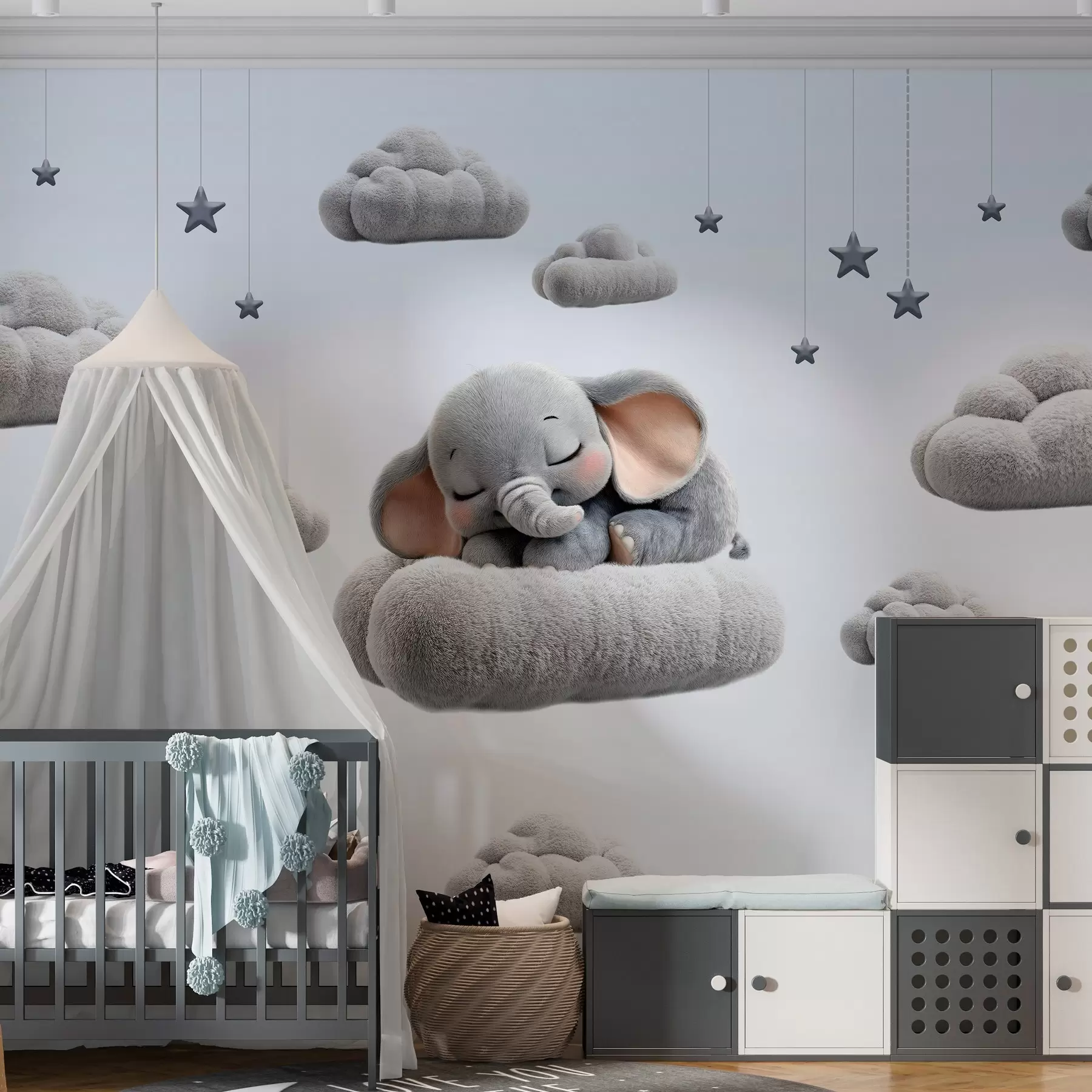 murais de parede um elefantinho giro em estilo 3D, a dormir entre nuvens fofas w05754