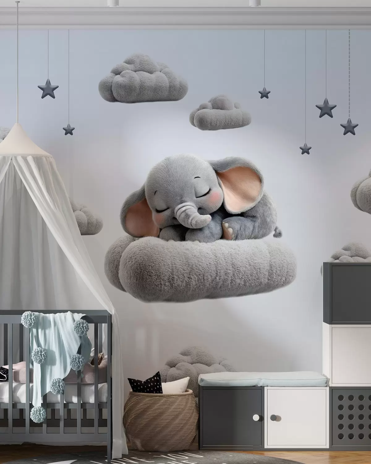 murais de parede um elefantinho giro em estilo 3D, a dormir entre nuvens fofas w05754