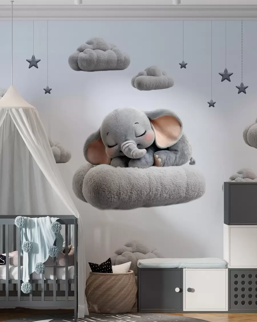 murais de parede um elefantinho giro em estilo 3D, a dormir entre nuvens fofas w05754