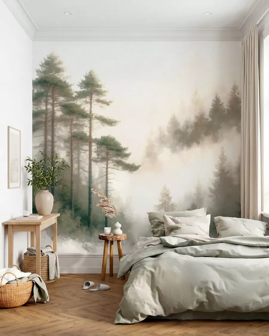 murais de parede Floresta de pinheiros ao amanhecer, em estilo aquarela w09916