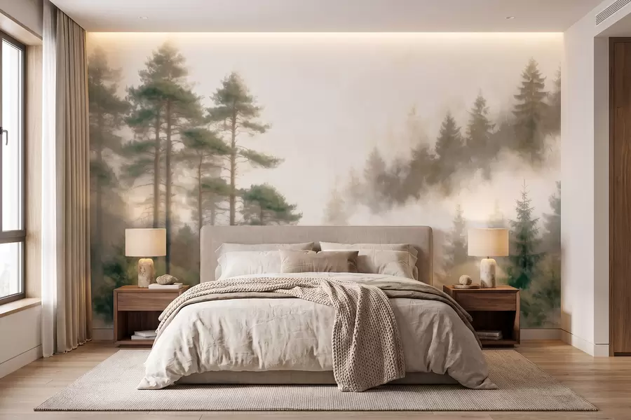 murais de parede Floresta de pinheiros ao amanhecer, em estilo aquarela w09916