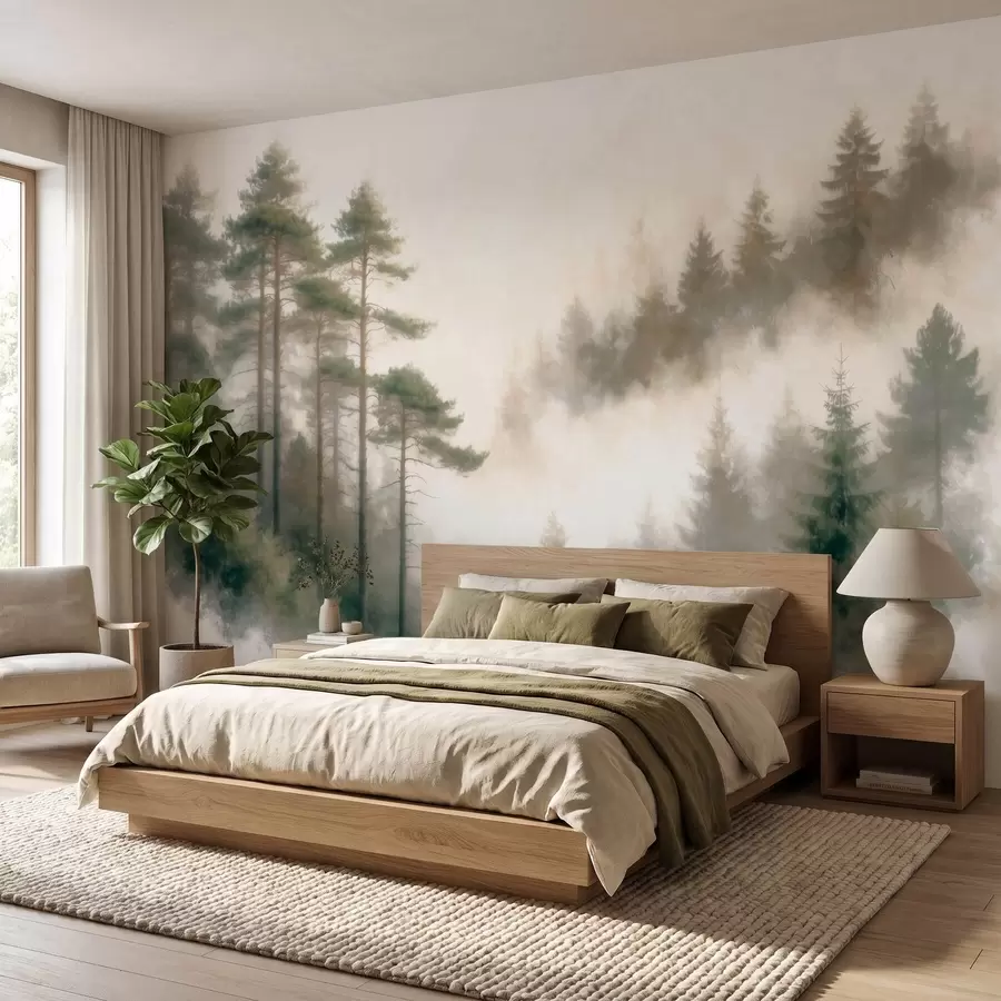 murais de parede Floresta de pinheiros ao amanhecer, em estilo aquarela w09916