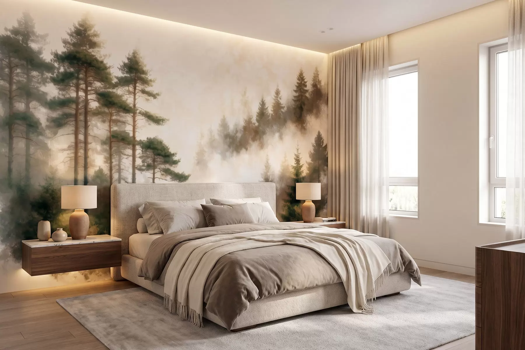 murais de parede Floresta de pinheiros ao amanhecer, em estilo aquarela w09916