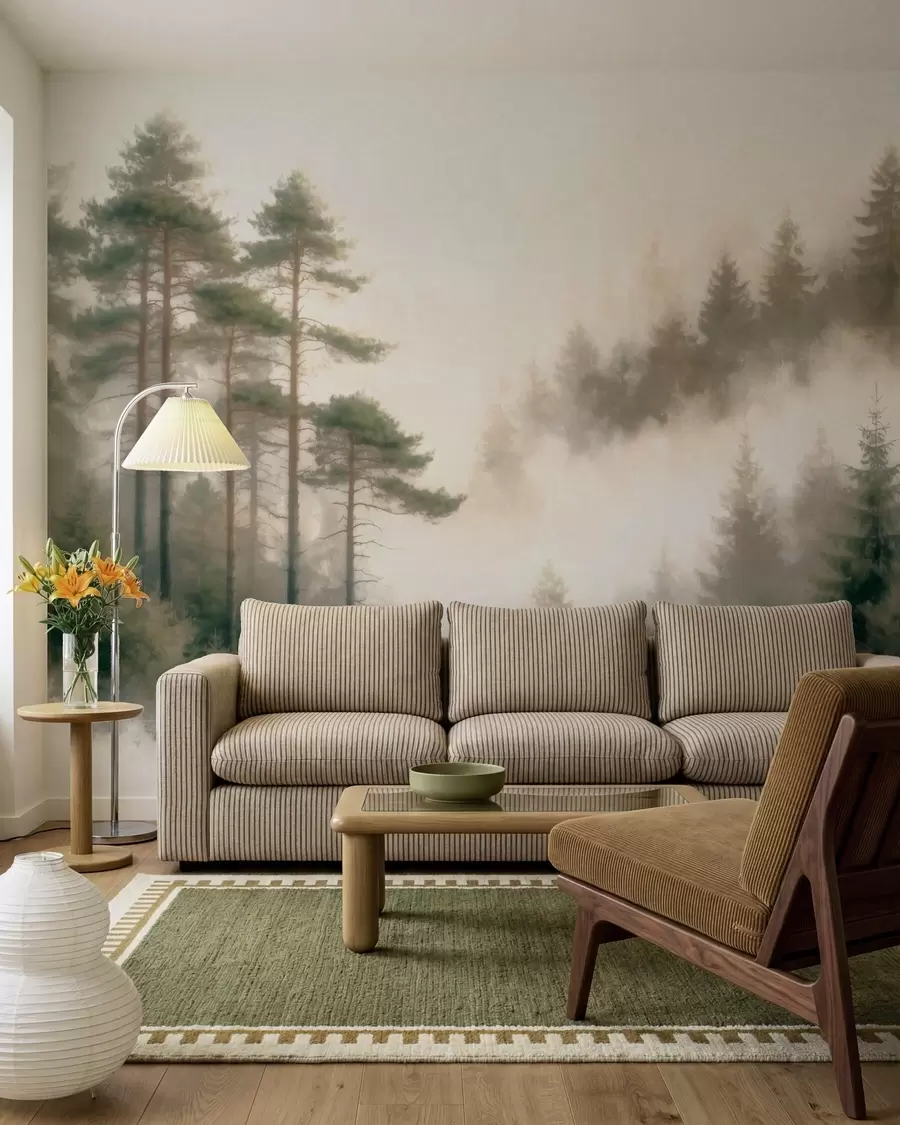 murais de parede Floresta de pinheiros ao amanhecer, em estilo aquarela w09916
