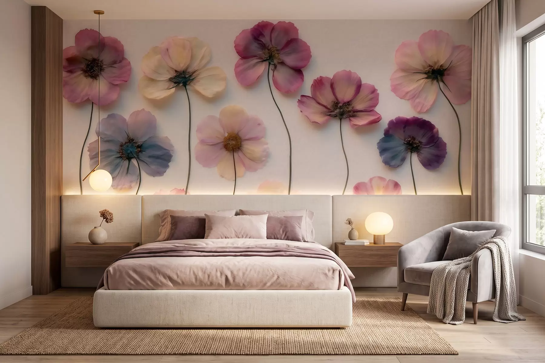 murais de parede Composição de herbário com efeito de flores prensadas e textura 3D w09911