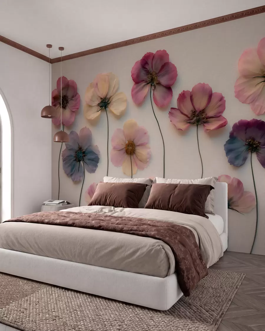 murais de parede Composição de herbário com efeito de flores prensadas e textura 3D w09911