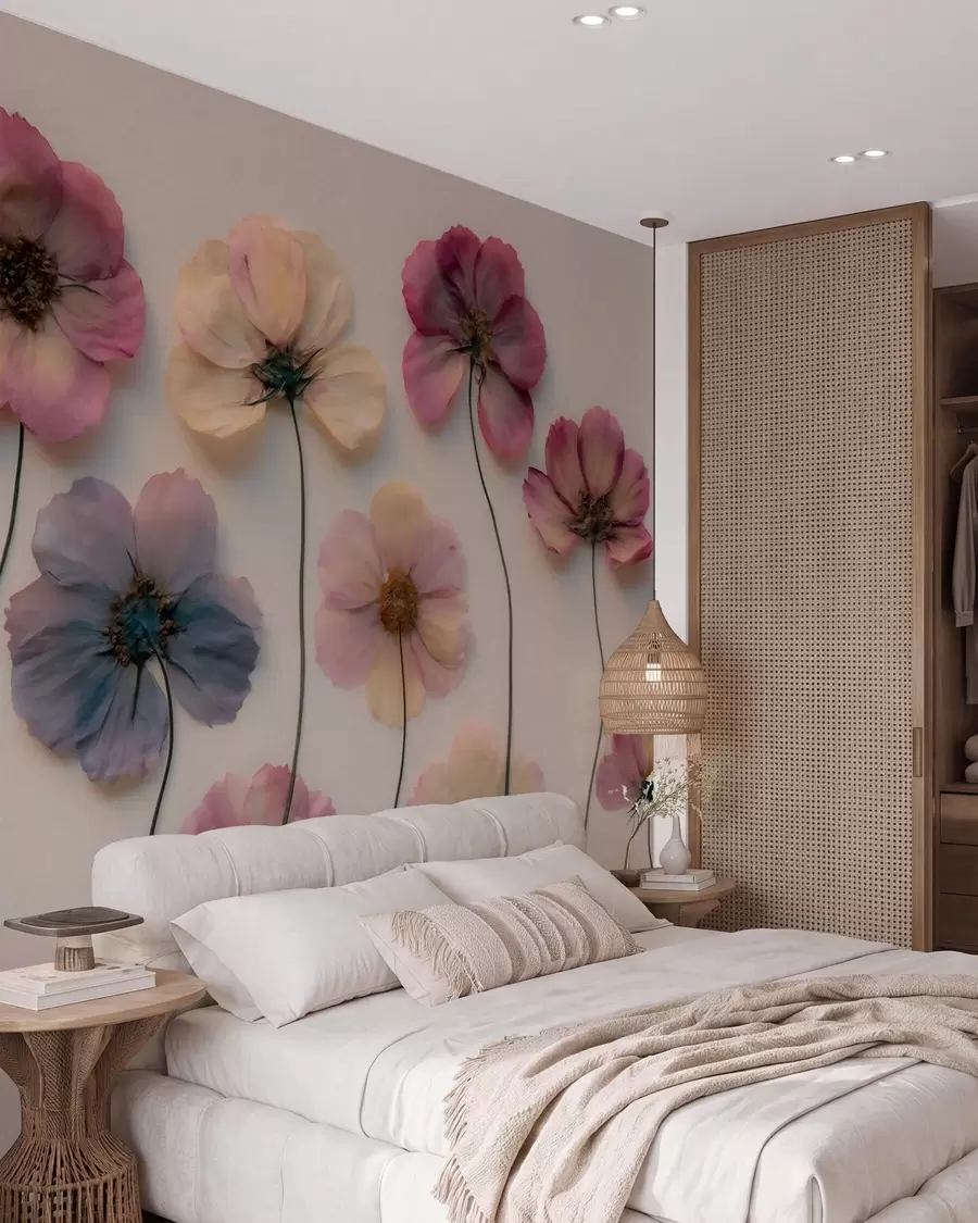 murais de parede Composição de herbário com efeito de flores prensadas e textura 3D w09911