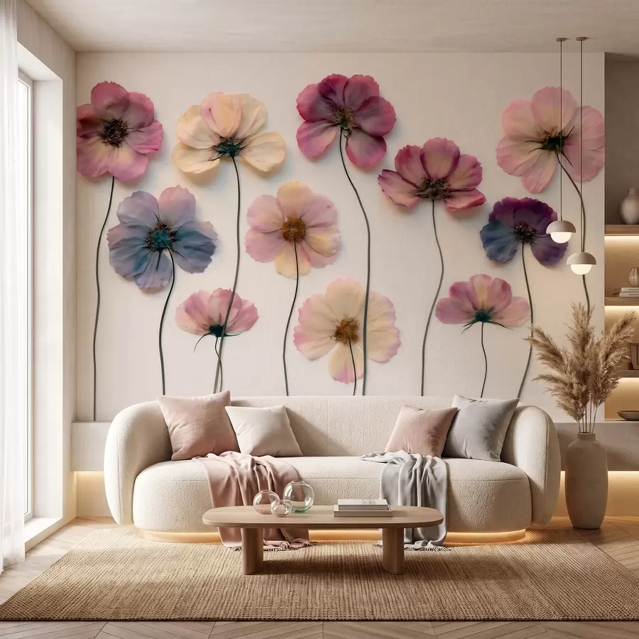 murais de parede Composição de herbário com efeito de flores prensadas e textura 3D w09911