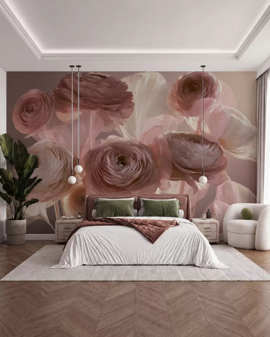 murais de parede Grandes flores de ranúnculo com um estilo artístico, em tons suaves de rosa e creme w09921