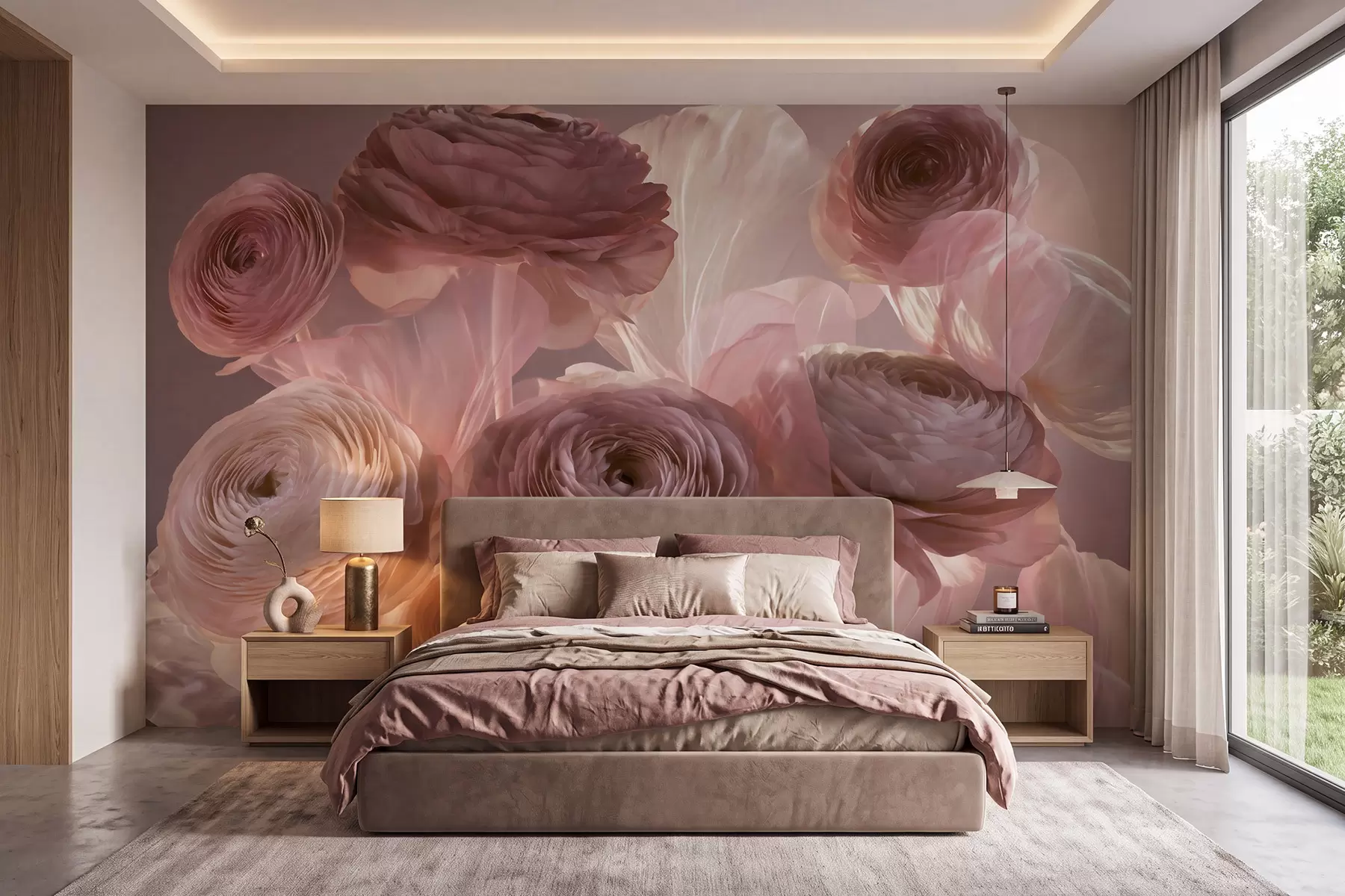 murais de parede Grandes flores de ranúnculo com um estilo artístico, em tons suaves de rosa e creme w09921