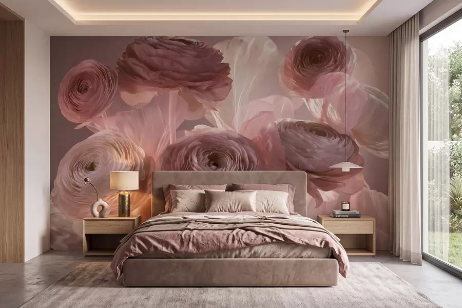 murais de parede Grandes flores de ranúnculo com um estilo artístico, em tons suaves de rosa e creme w09921