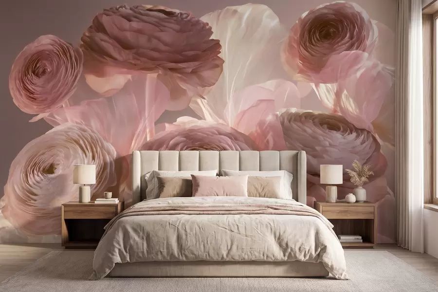 murais de parede Grandes flores de ranúnculo com um estilo artístico, em tons suaves de rosa e creme w09921