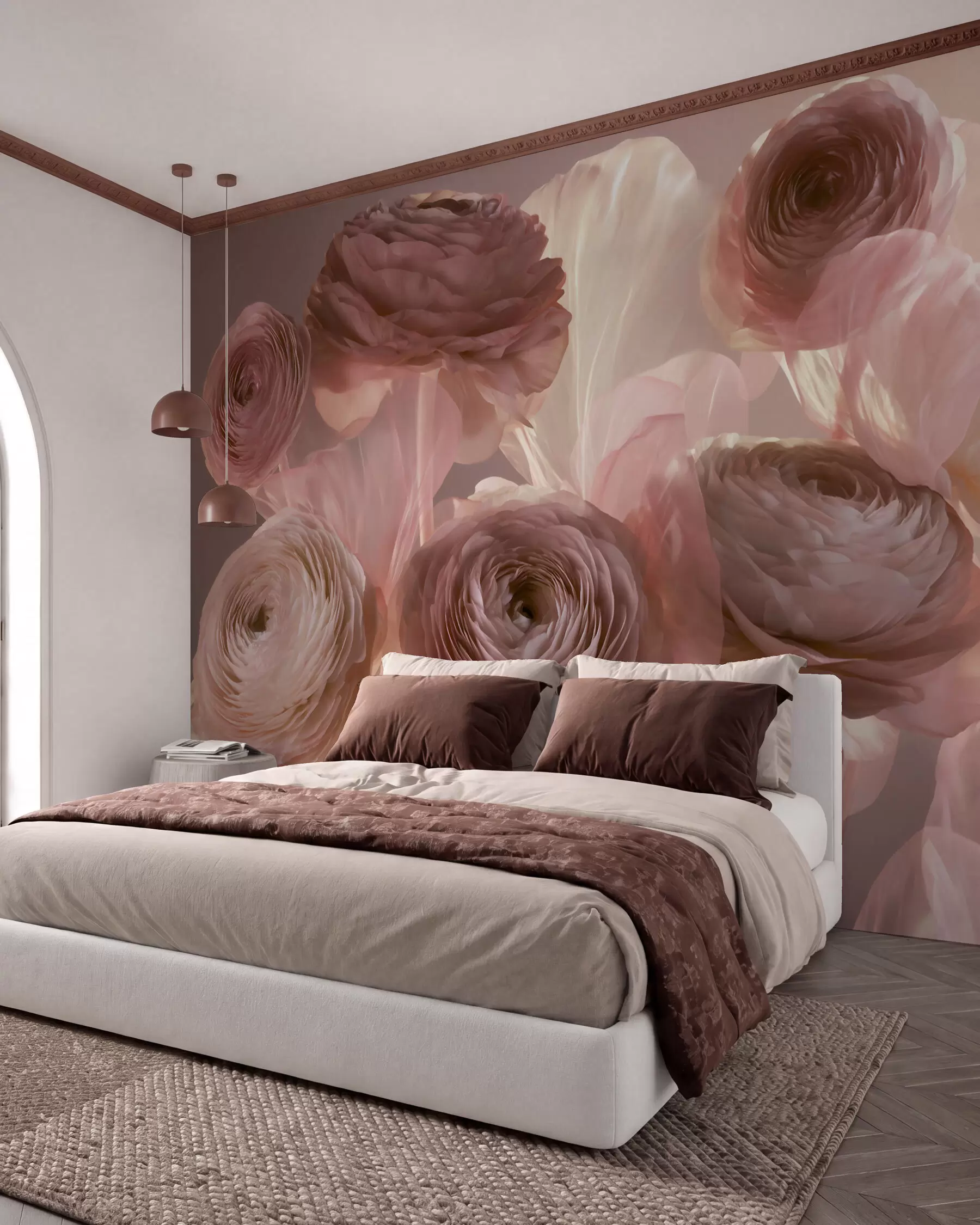 murais de parede Grandes flores de ranúnculo com um estilo artístico, em tons suaves de rosa e creme w09921