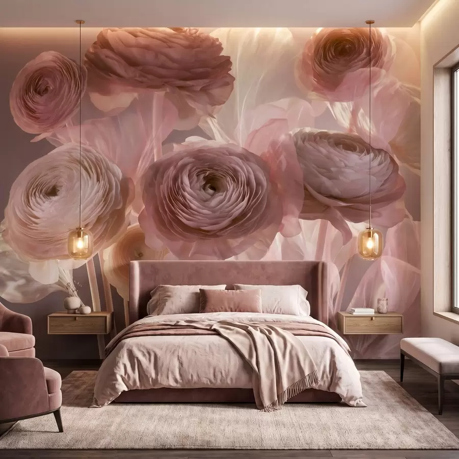 murais de parede Grandes flores de ranúnculo com um estilo artístico, em tons suaves de rosa e creme w09921