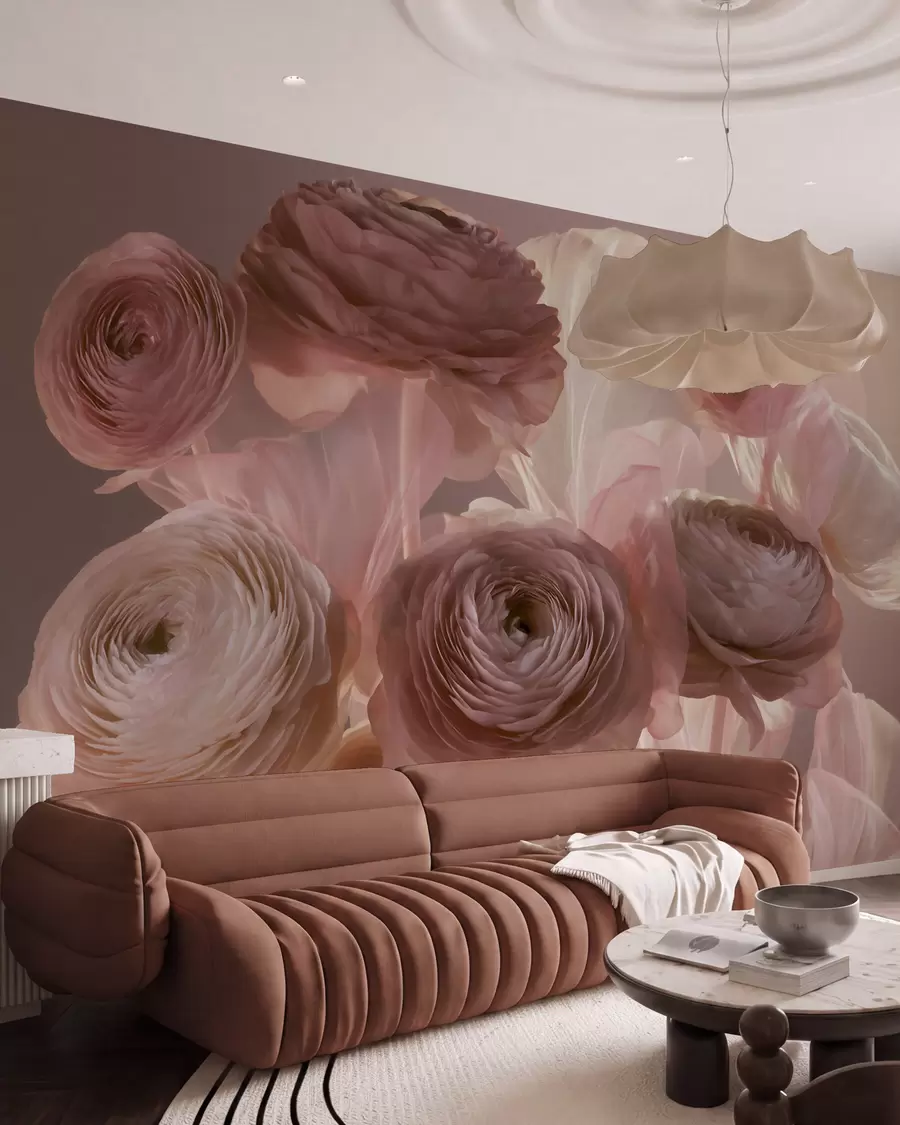 murais de parede Grandes flores de ranúnculo com um estilo artístico, em tons suaves de rosa e creme w09921