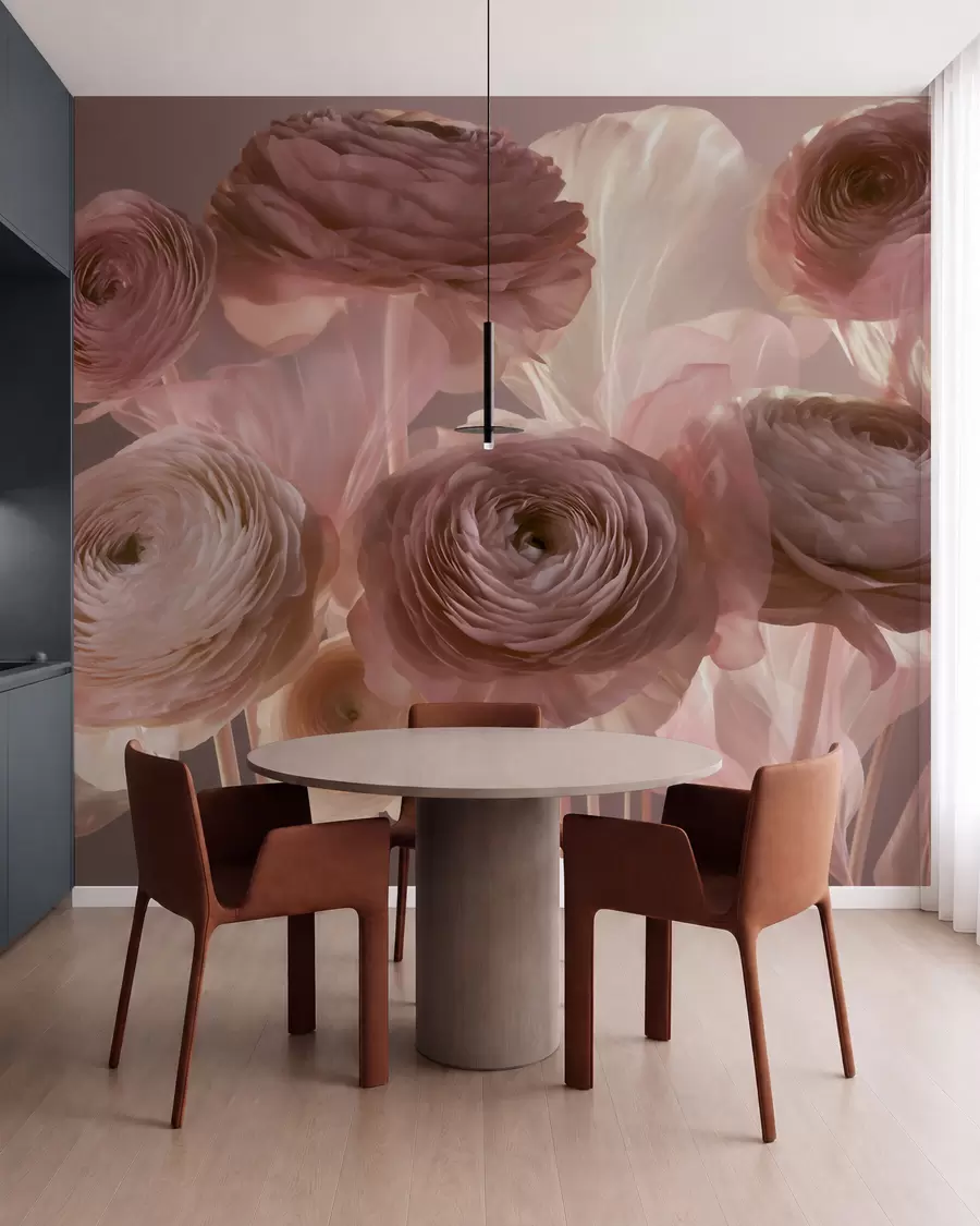murais de parede Grandes flores de ranúnculo com um estilo artístico, em tons suaves de rosa e creme w09921
