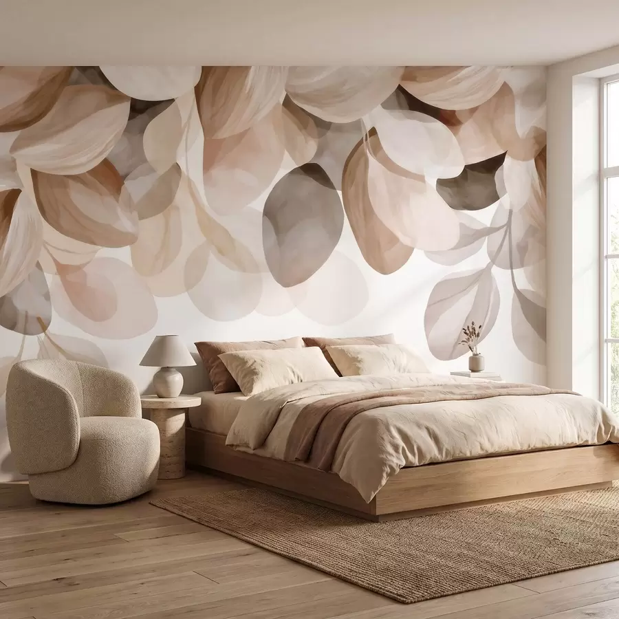 murais de parede Folhas pendentes em tons de bege, em estilo aquarela w09923