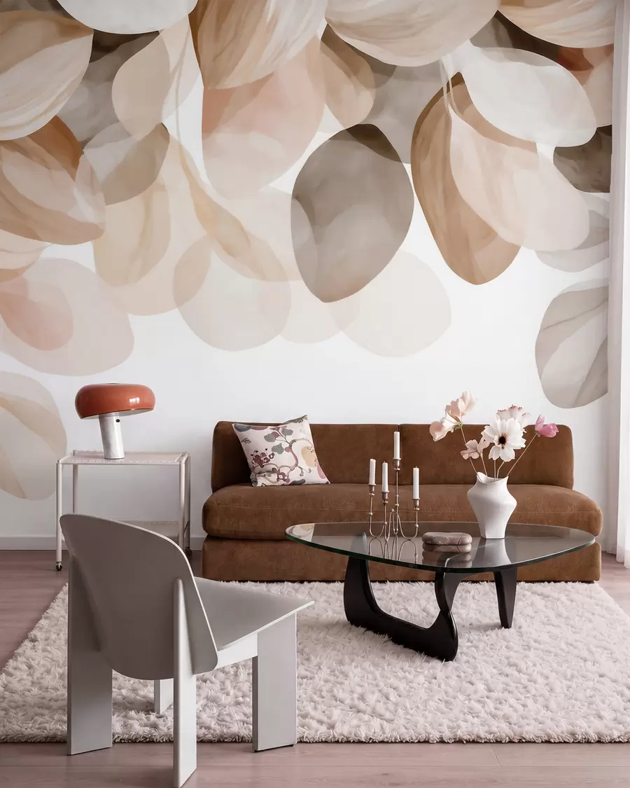 murais de parede Folhas pendentes em tons de bege, em estilo aquarela w09923