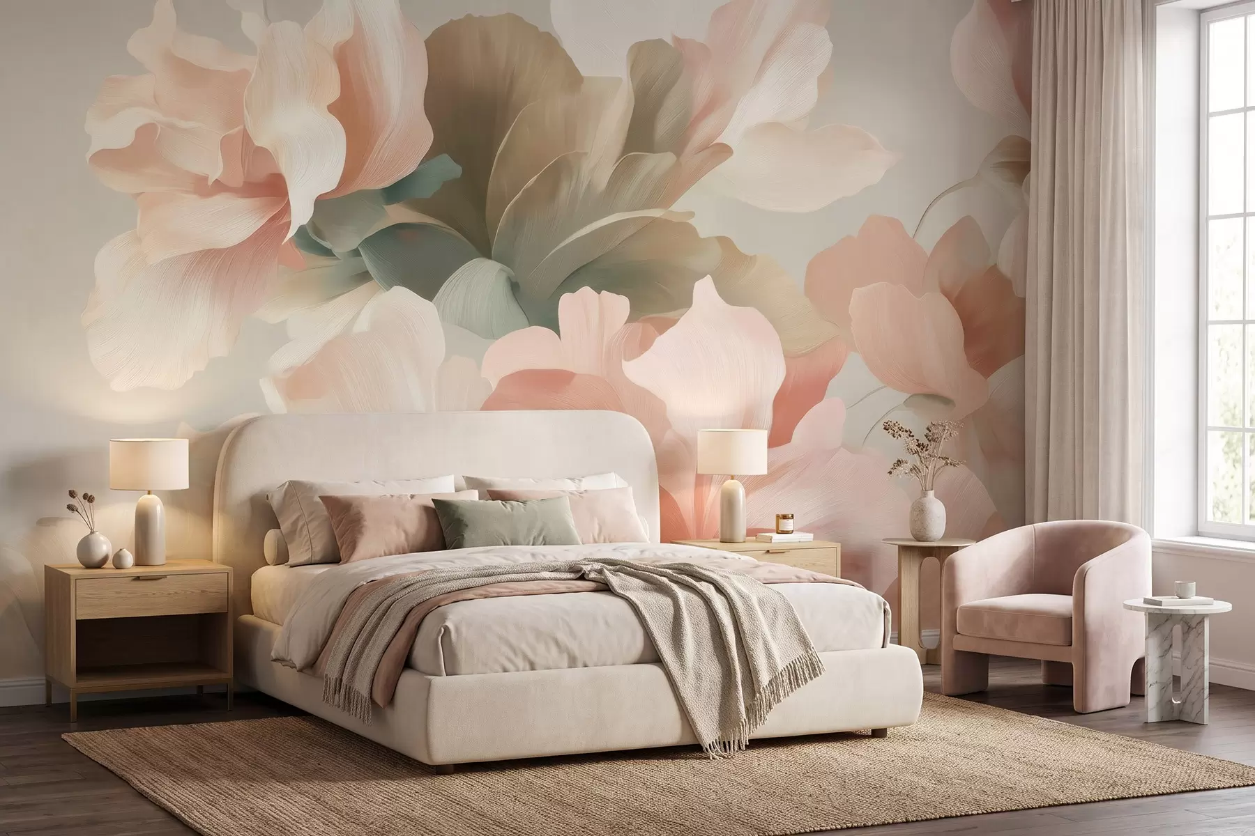 murais de parede Grandes flores artísticas em tons suaves e pastel de creme, rosa e verde w09935