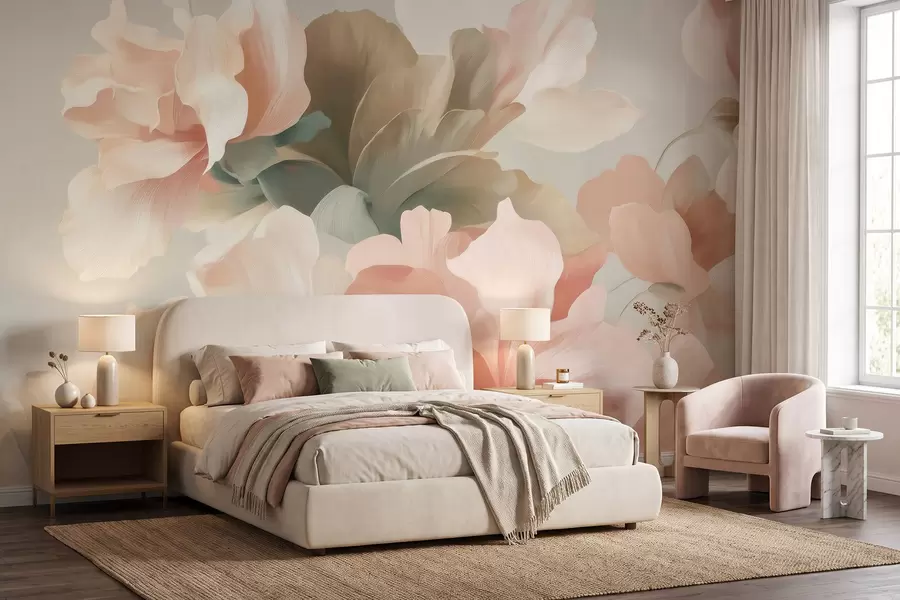 murais de parede Grandes flores artísticas em tons suaves e pastel de creme, rosa e verde w09935
