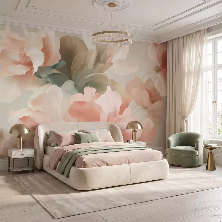 murais de parede Grandes flores artísticas em tons suaves e pastel de creme, rosa e verde w09935