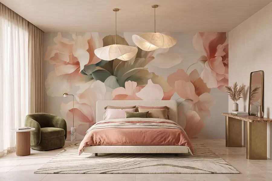 murais de parede Grandes flores artísticas em tons suaves e pastel de creme, rosa e verde w09935