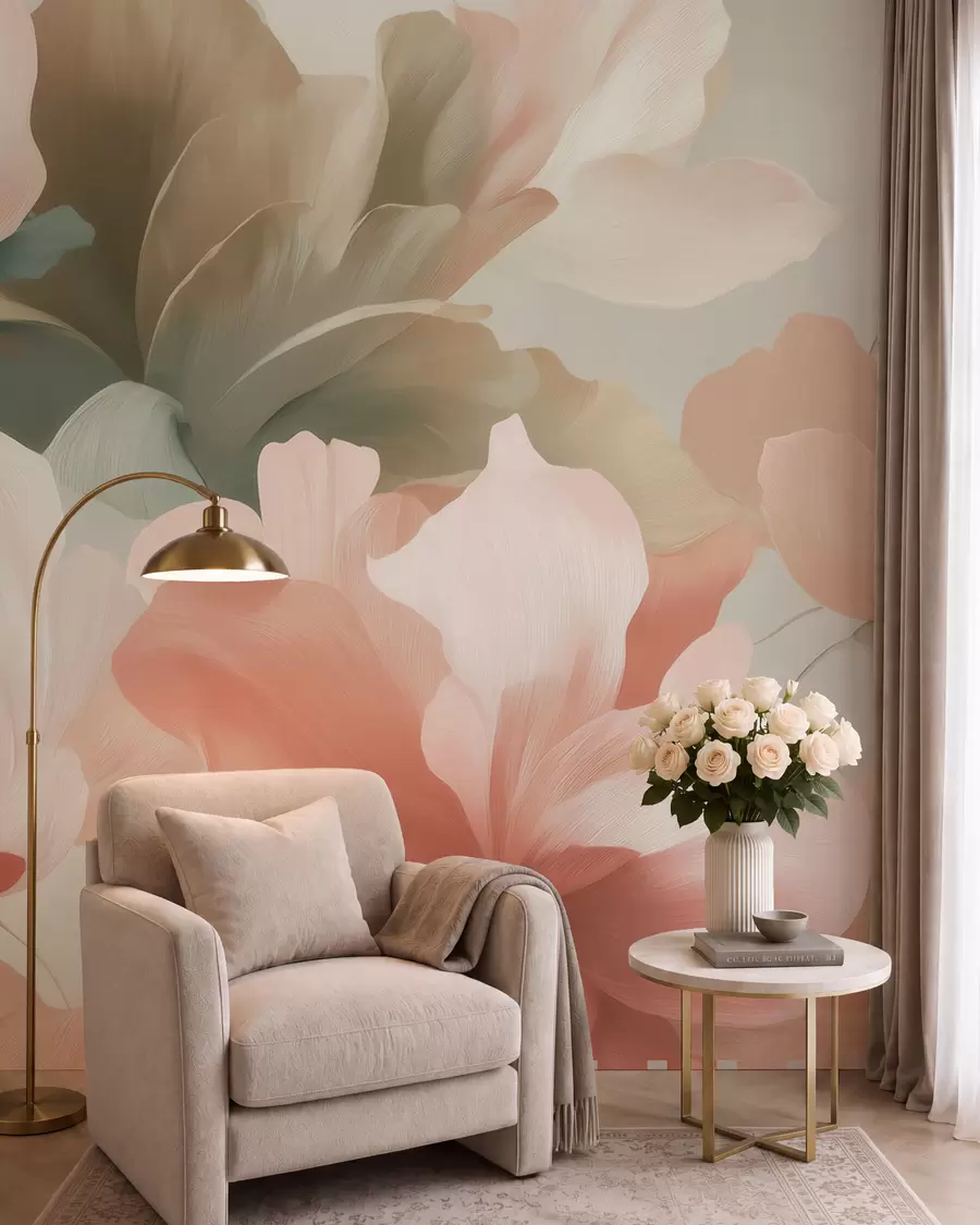 murais de parede Grandes flores artísticas em tons suaves e pastel de creme, rosa e verde w09935