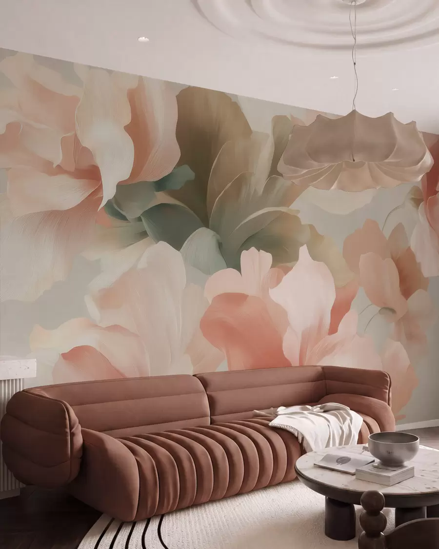 murais de parede Grandes flores artísticas em tons suaves e pastel de creme, rosa e verde w09935