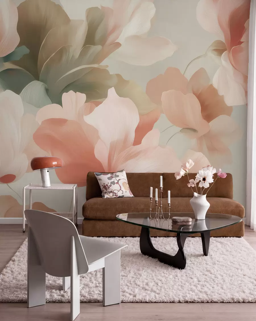 murais de parede Grandes flores artísticas em tons suaves e pastel de creme, rosa e verde w09935