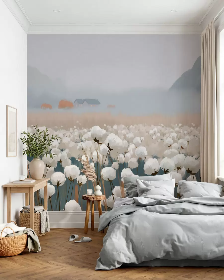 murais de parede Campo de algodão numa paisagem enevoada do norte, em estilo pictórico w09934