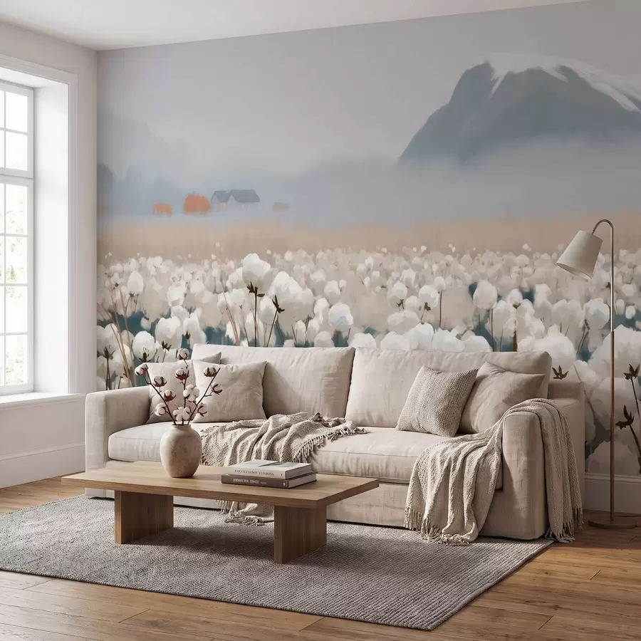 murais de parede Campo de algodão numa paisagem enevoada do norte, em estilo pictórico w09934