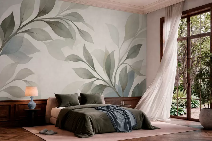 murais de parede Folhas grandes em tons suaves de verde e azul w05693