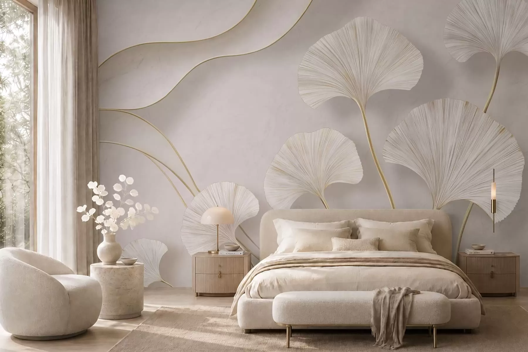 murais de parede Folhas de ginkgo de cor clara e volumosas, com linhas fluidas sobre um fundo de mármore w05734
