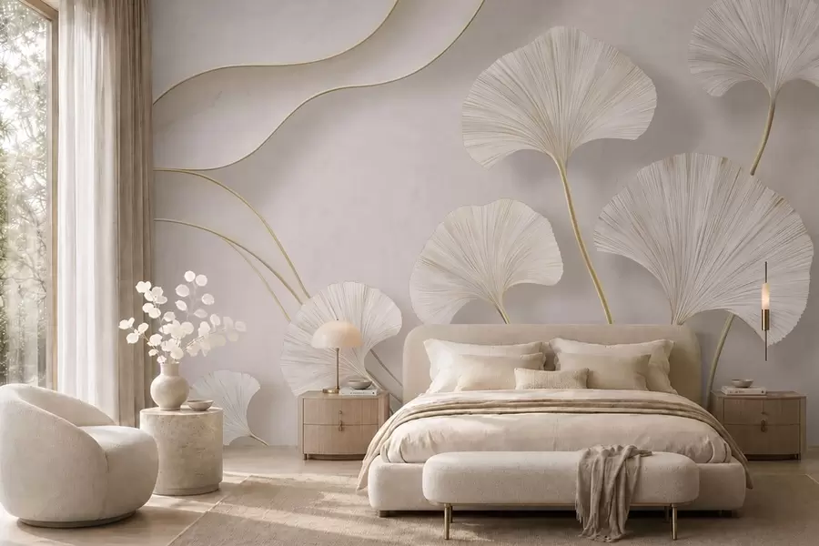 murais de parede Folhas de ginkgo de cor clara e volumosas, com linhas fluidas sobre um fundo de mármore w05734