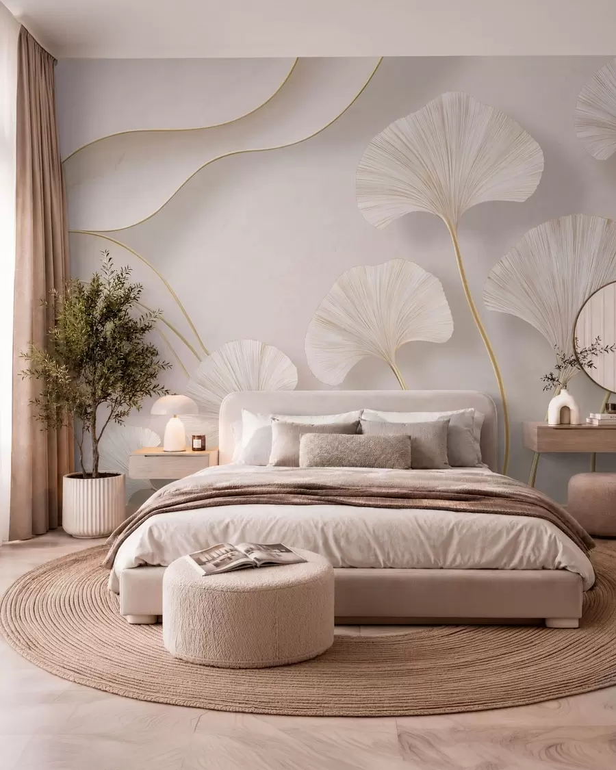murais de parede Folhas de ginkgo de cor clara e volumosas, com linhas fluidas sobre um fundo de mármore w05734