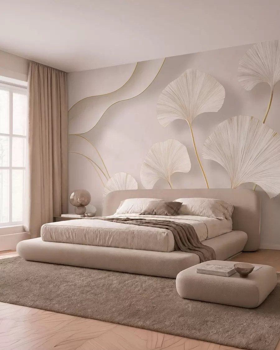 murais de parede Folhas de ginkgo de cor clara e volumosas, com linhas fluidas sobre um fundo de mármore w05734