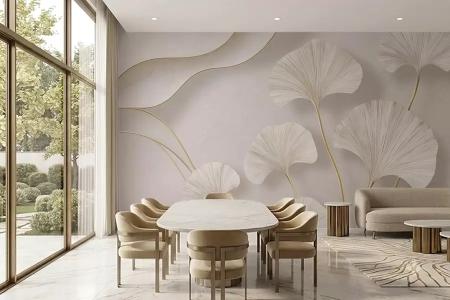 murais de parede Folhas de ginkgo de cor clara e volumosas, com linhas fluidas sobre um fundo de mármore w05734